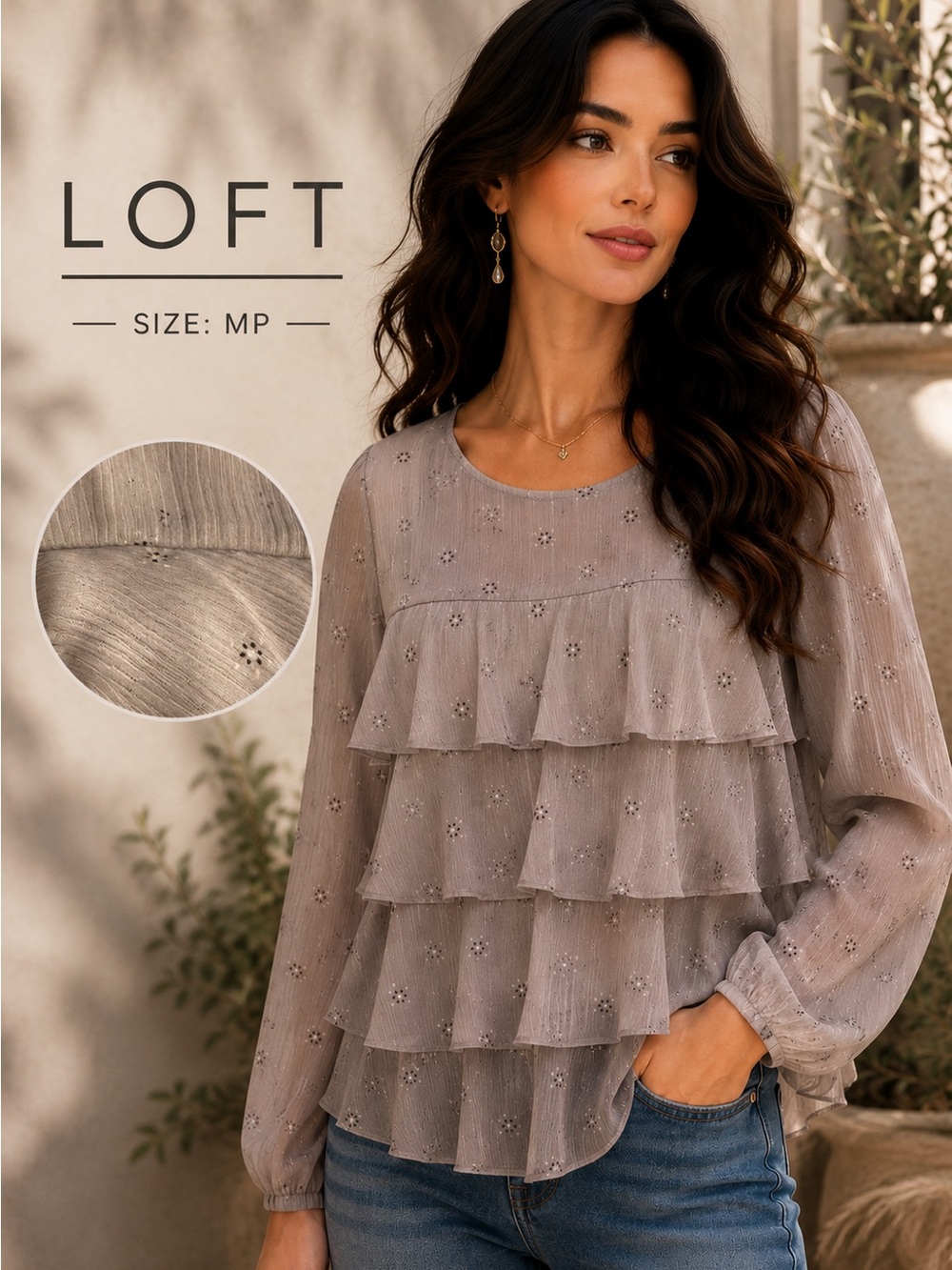 LOFT Petite Gray Tiered Ruffle Blouse MP Sheer Swiss Dot Romantic Top